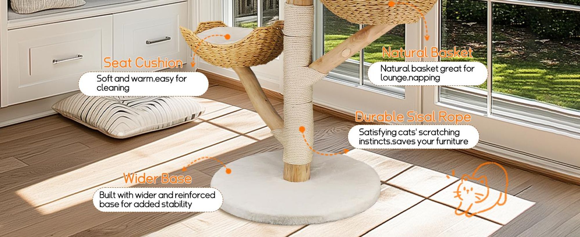 FATIVO Kratzbaum Modern Katzenbaum Holz-111cm Luxus Katzenkratzbaum mit 2 Weidenkorb Sisalstamm Sitzplattform Plüschbal für mehr Katzen