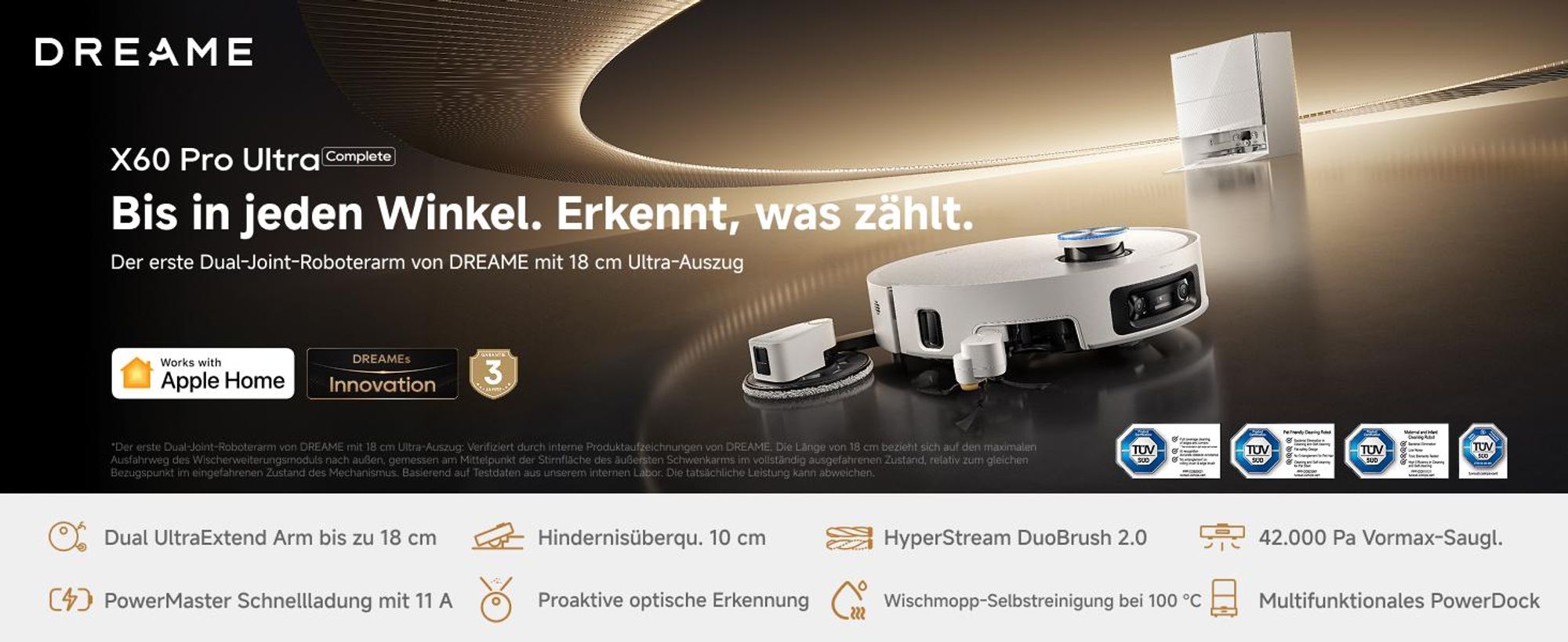 DREAME X60 Pro Ultra Complete Saug- und Wischroboter mit Wischfunktion,42KPa,DuoBrush 2.0,KI Omni 3.0,10cm Anhebung,100°C Wischmopp,100% Entwirrung