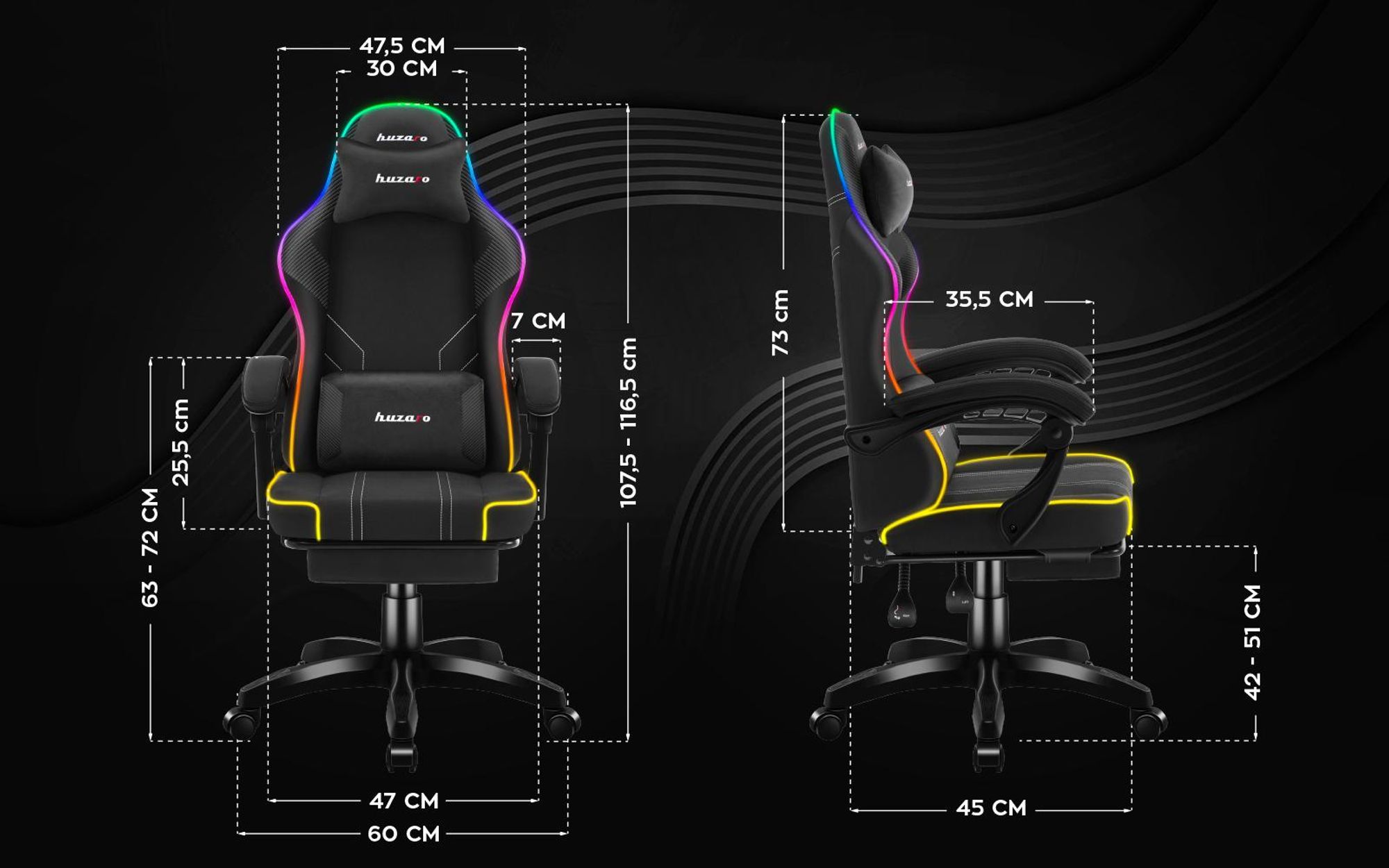 Huzaro Force 3.7 RGB Black Gaming-Stuhl mit ergonomischem Design, verstellbarem Armlehnen und hochbelastbarem Stoff