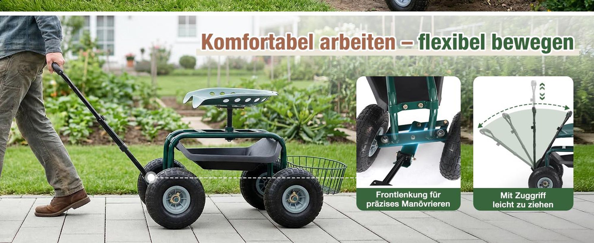 Sekey Kniebank Rollsitz Garten 360 Grad Drehbar Luftreifen Gartensitz Erntehilfe bis 180kg Belastbar Gartenhocker Griff Ablage für Gewächshaus