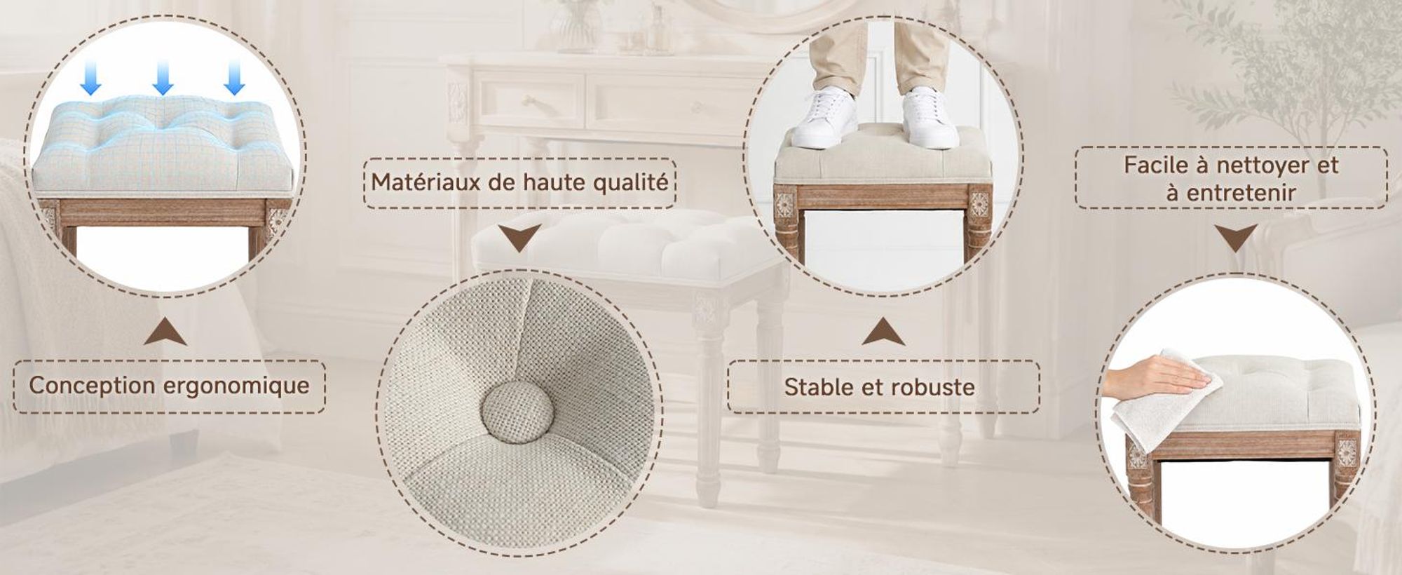 HomeMiYN Banc d'entrée rembourré, tabouret pour enfiler les chaussures, pouf d'appoint en tissu pour chambre salon couloir