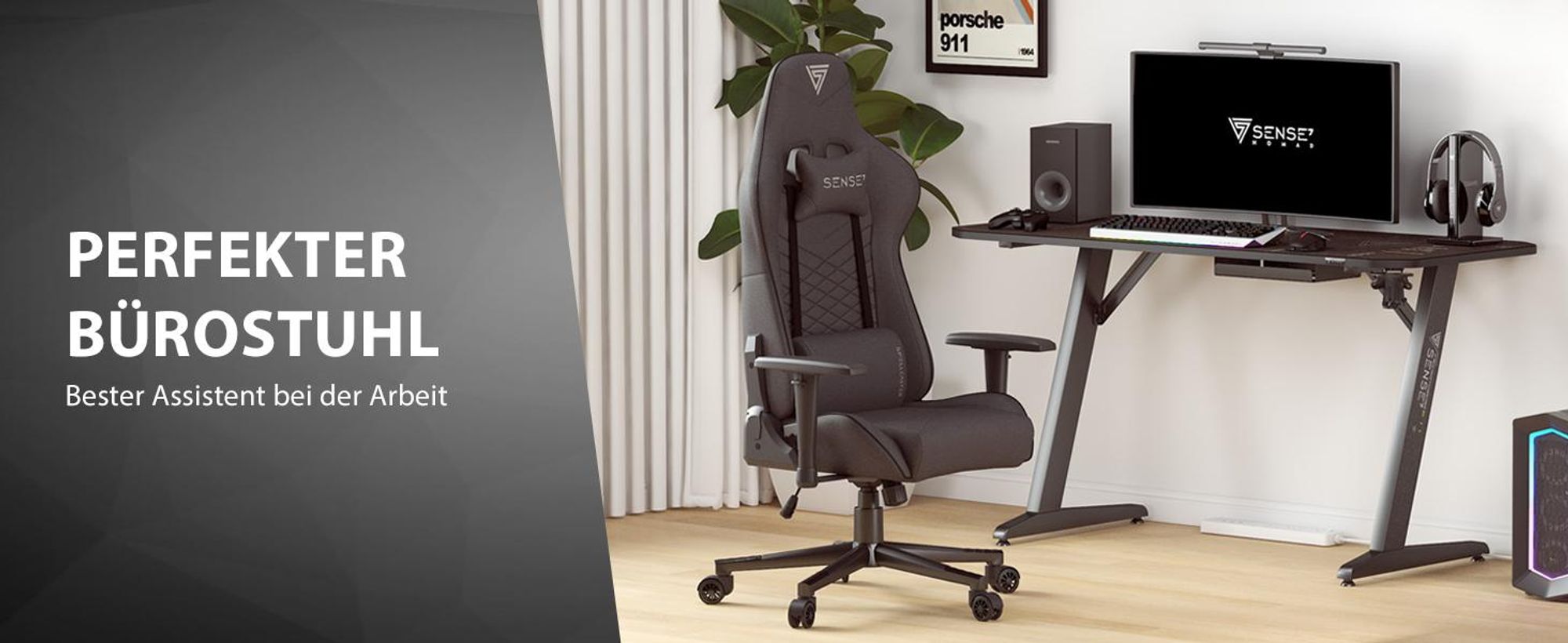 SENSE7 Spellcaster Gaming Stuhl aus Stoff Schwarz - Ergonomischer Bürostuhl PC Schreibtischstuhl Gamer Sessel 150kg 2D-Armlehnen 160° Neigung