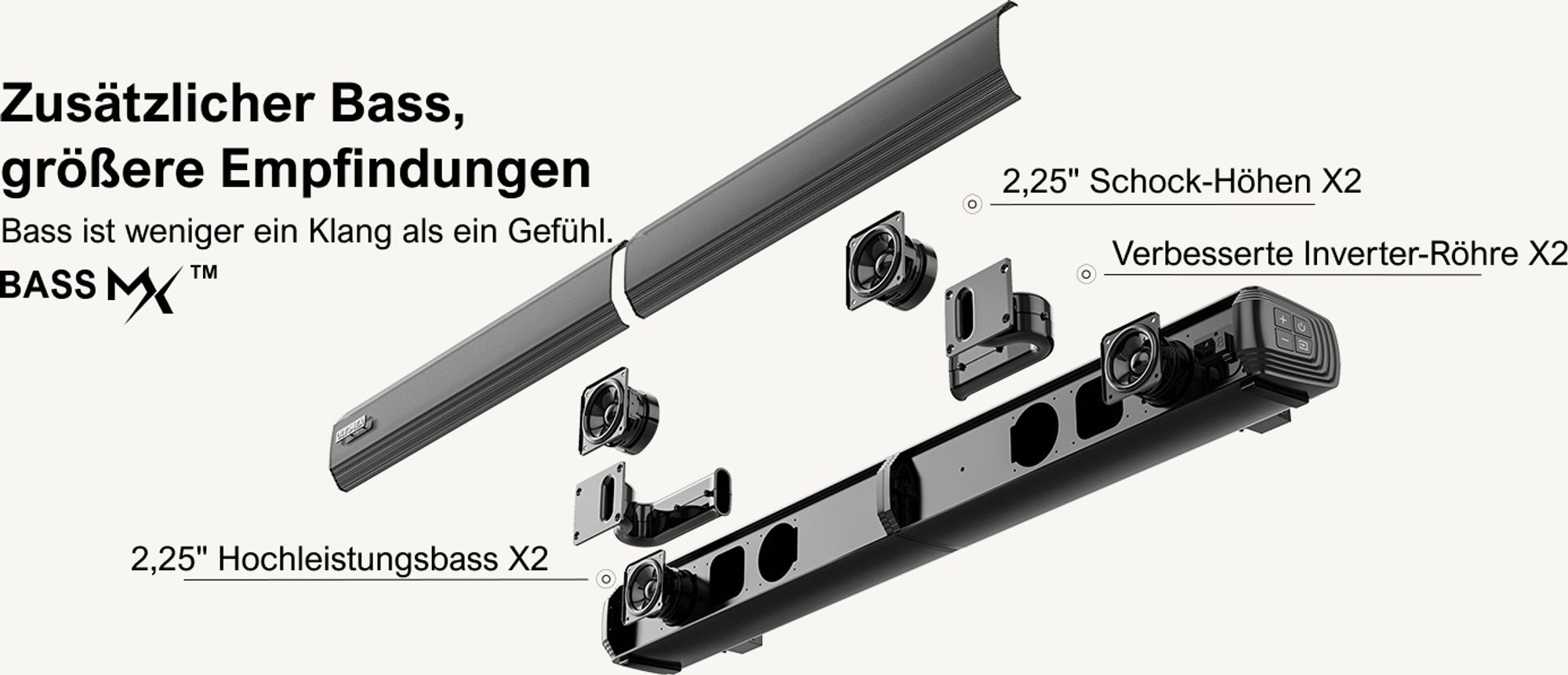 ULTIMEA Soundbar für TV Geräte, teilbare 2-in-1 Soundbar 100W Bluetooth® 5.3, TV-Lautsprecher mit 3 EQ-Modi und verstellbarem Bass, ARC/Optisch/Aux