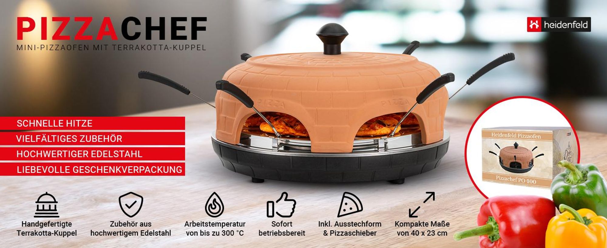Heidenfeld Mini Pizzaofen Pizzachef | 1.100 Watt - Pizzadom ⌀ 40.0 cm - Für 6 Personen - Terrakotta-Kuppel - Bis 300 °C - 6 Pizzaschieber ⌀ 10,5 cm