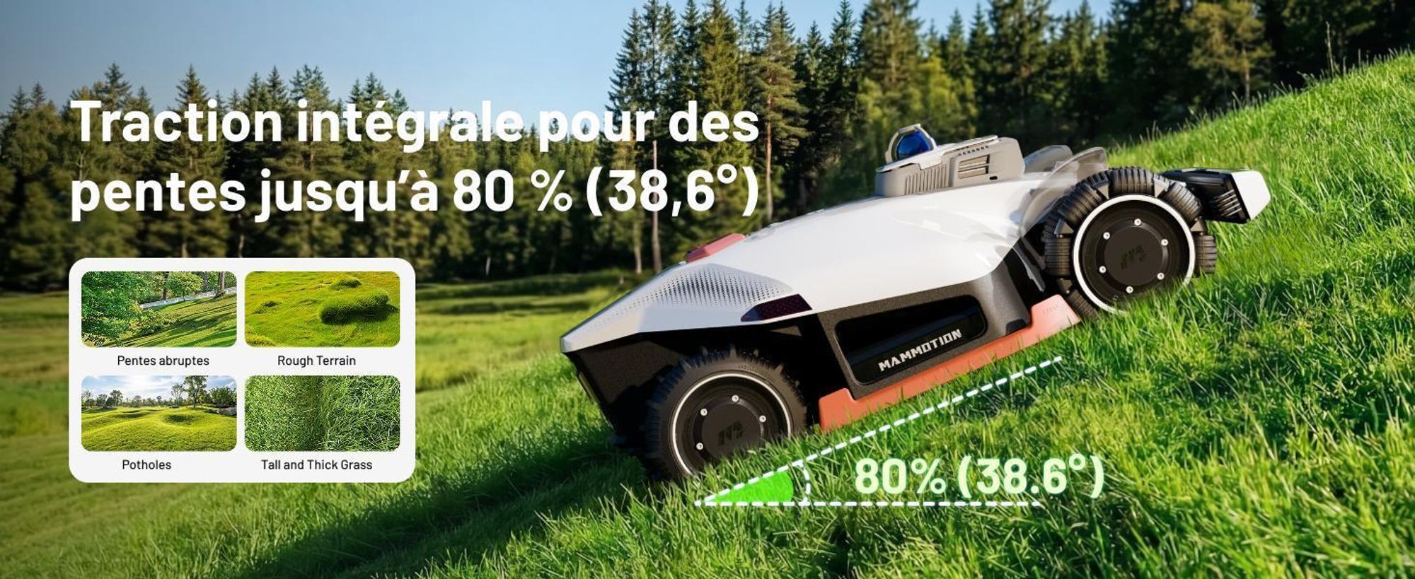 Robot tondeuse Mammotion LUBA 3 AWD 5000 avec garage et station de lavage, jusqu’à 5000 m², transmission intégrale, pente 80 %, cartographie-auto, app