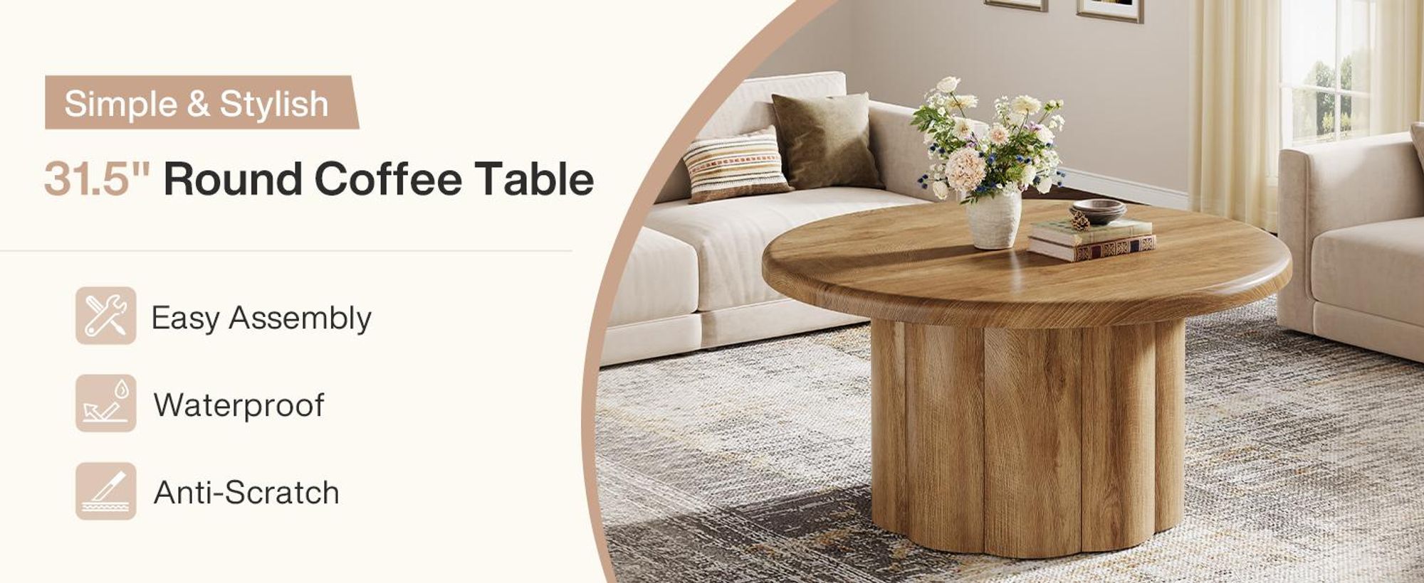 Tribesigns 80 cm runder Couchtisch, runder Cocktailtisch im Landhausstil, mit geriffeltem Trommelfuß, aus Holz für Wohnungen, kleine Räume, Braun