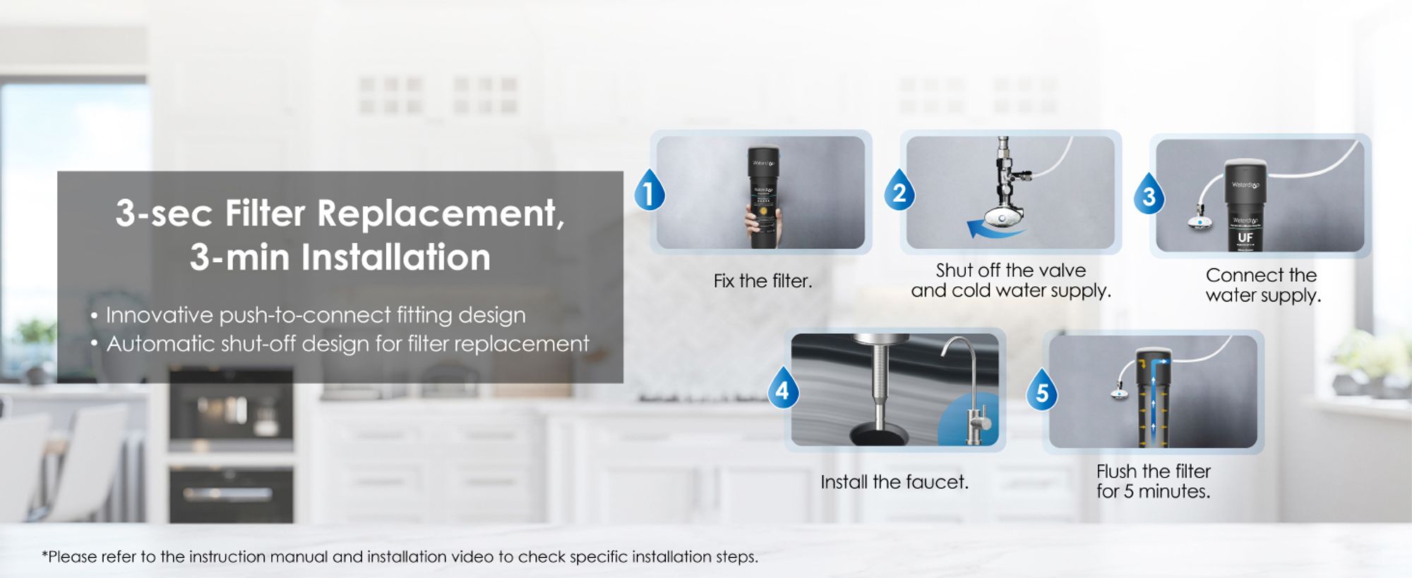 Waterdrop 10UB-UF Untertischwasserfilter zur Baçt-rienreduzierung, NSF/ANSI 42 , 0,01μm Ultrafiltration, mit Spezialhahn