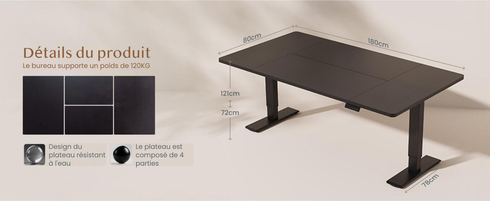 Bureau réglable en hauteur FLEXISPOT QB2 Électrique 180 x 80 cm, 2 MOTEURS PUISSANTS, capacité de charge 120 kg, protection anti-collision, 4 fonctions mémoire (noir)