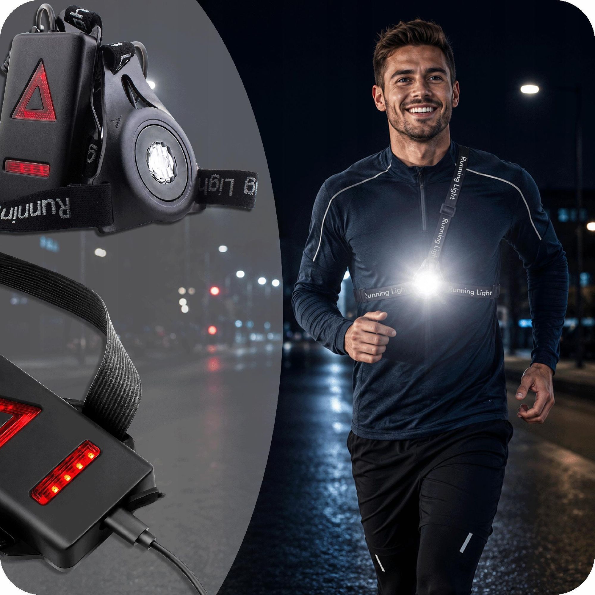 KRUMAD LED Lauflicht Brustlampe für Jogger & Radfahrer, 250lm Laufweste mit Frontlicht & Rücklicht, USB Aufladbar, Reflektorweste