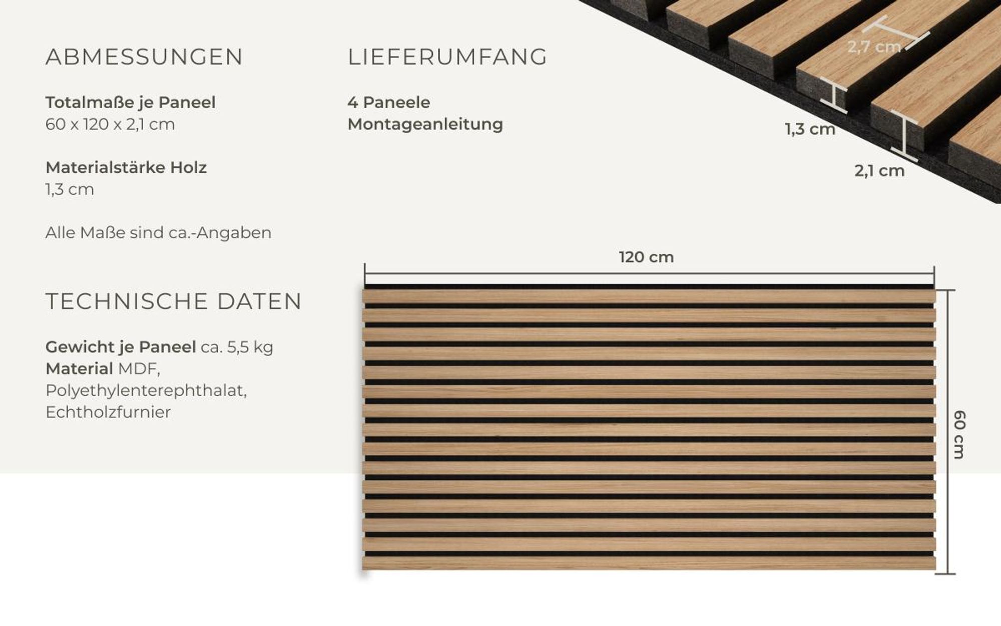 Akustikpaneele Hochwertiges MDF Echtholzfurnier Set - Schallabsorption Filzstoff Holzlamellen Scandi Stil - 120x60x2.1cm - 4 Paneele