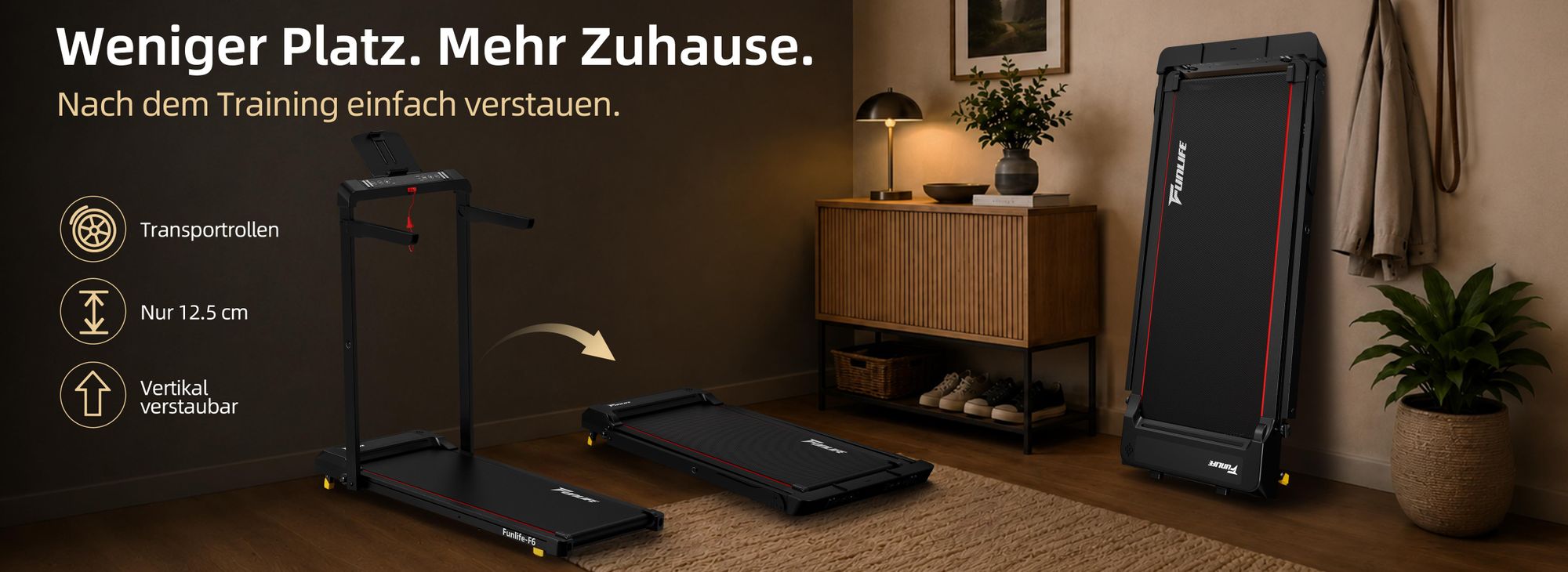 Klappbar, nur 12,5 cm hoch und mit Transportrollen platzsparend verstaubar.