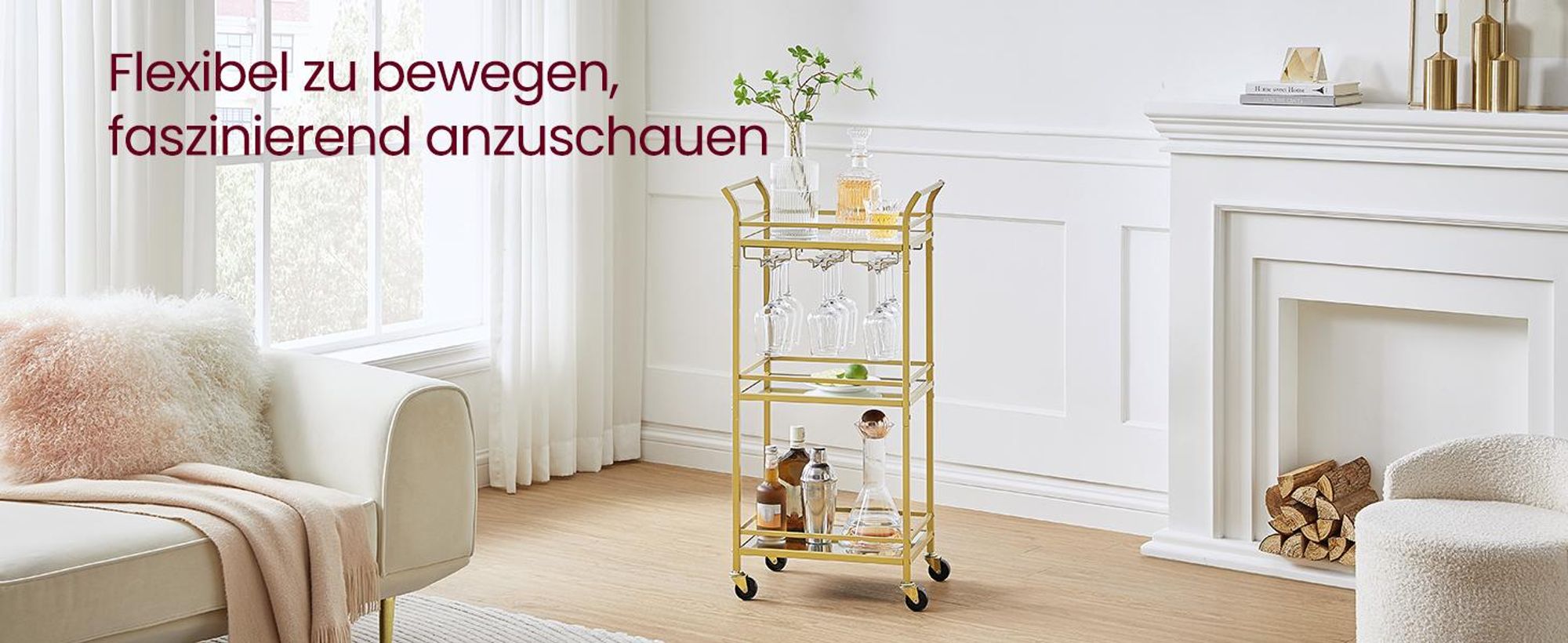 VASAGLE kleine Servierwagen, Rollwagen, verspiegelte Glasablagen, goldfarben