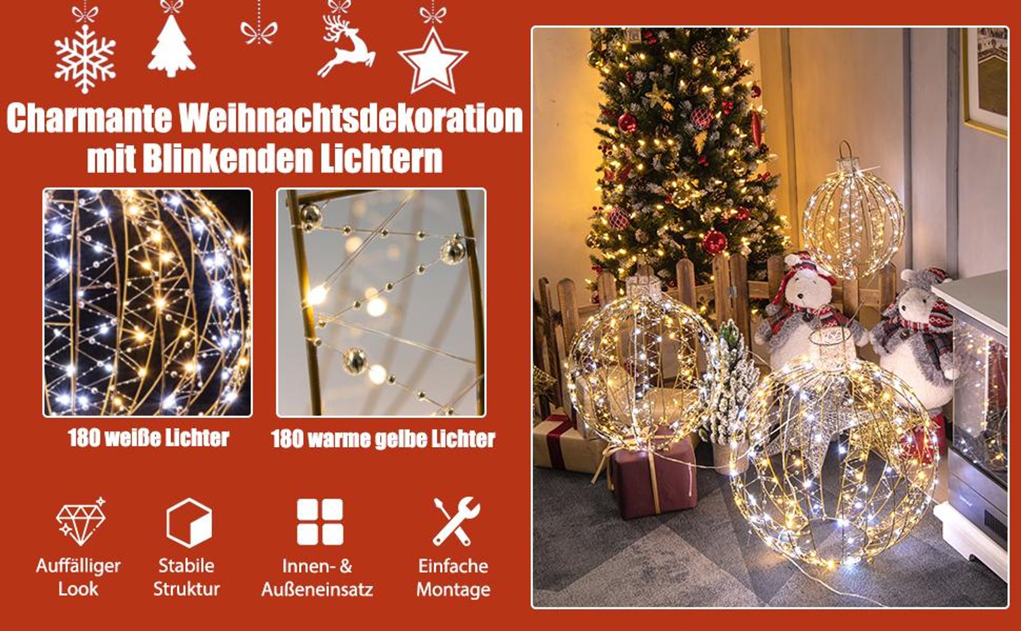 COSTWAY 3er Set LED Dekokugel mit Lichterkette, 180 warmweißen & 180 weißen Lichtern, LED Kugeln zum Hinhängen & Hinstellen, Deko Beleuchtung, Kugelleuchten für Weihnachten