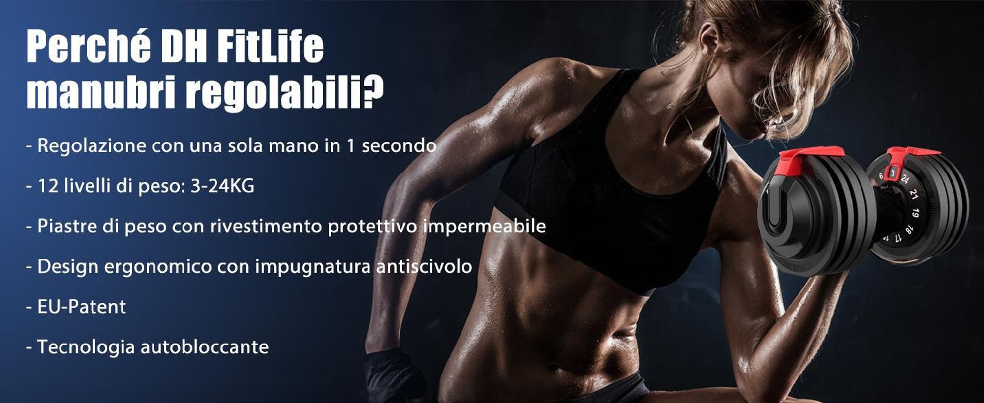 DH FitLife Set di Manubri Regolabili 3-24 kg con 12 Livelli di Peso, Pesi Variabili 12 in 1, Manubri Corti Regolabili per Allenamento Casa