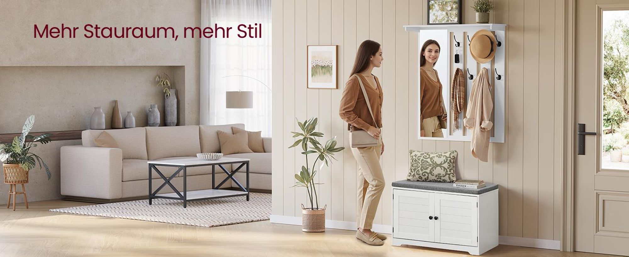 Schuhbank Wandgarderobe Set, Garderobe mit Spiegel, 8 Doppelhaken