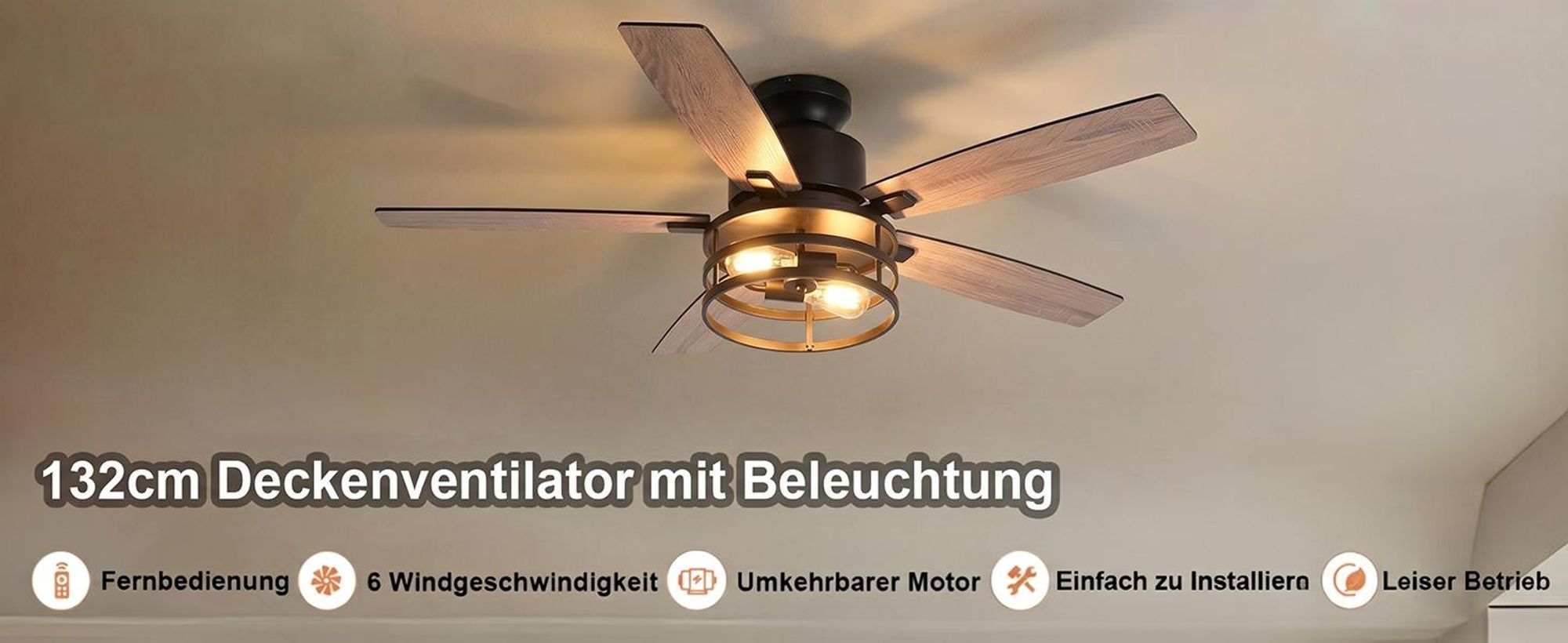 132cm Deckenventilator mit Beleuchtung und Fernbedienung, DC Motor, 2x E27 Glühbirnen, 6 Windgeschwindigkeit, Timer, für Wohnzimmer Küche Esszim