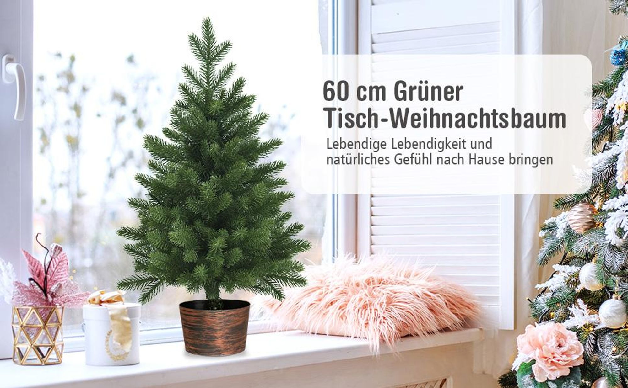 COSTWAY 60cm Kleiner Weihnachtsbaum, Mini Weihnachtsbaum mit 50 Zweigen und Sockel, künstlicher Tisch Weihnachtsbaum Ø40cm für Haus Büro