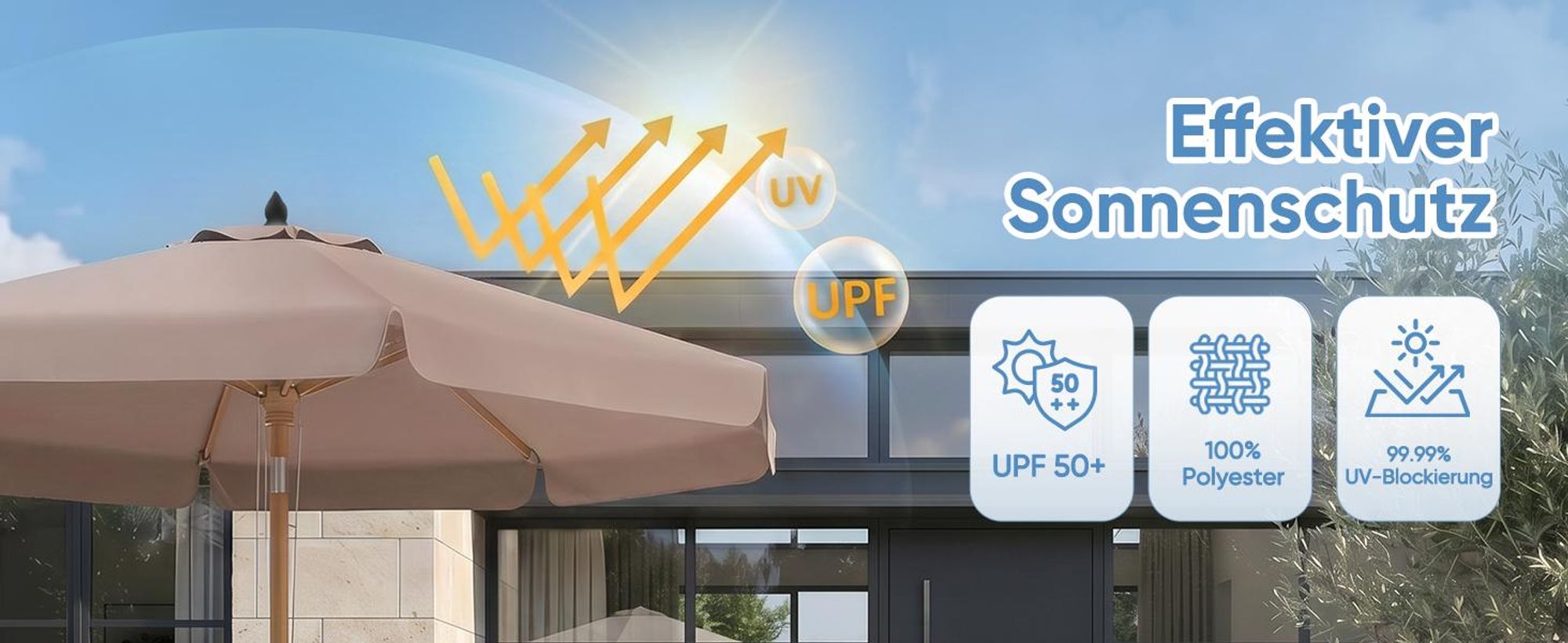 Sekey Balkonschirm 200 cm Ø Holzoptik, Knickbar, Stabiler Gartenschirm, UV-Schutz 50+, Sonnenschirm für Terrasse und Hof, Taupe