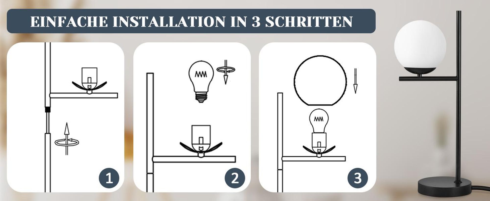 ZMH Nachttischlampe Schwarz Modern Tischlampe 1 Flammig Metall Tischleuchte mit Schalter aus Weiß Glas E27 Fassung für Wohnzimmer Schlafzimmer Kinderzimmer