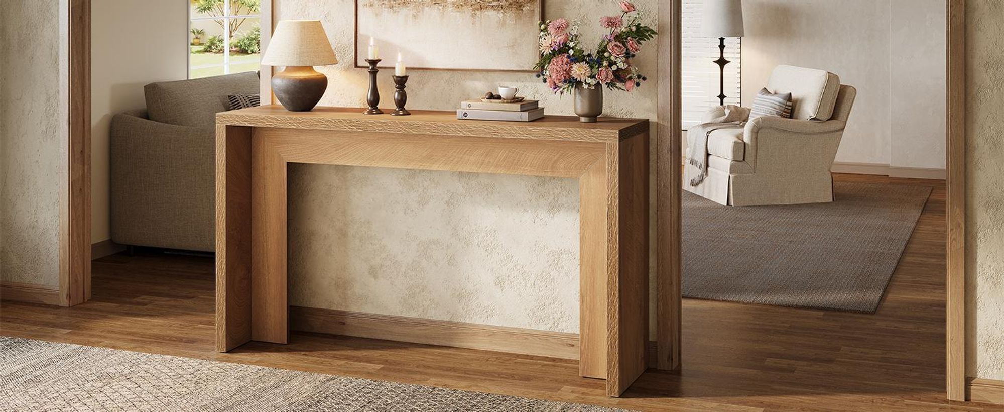 Tribesigns 140 cm Farmhouse table console, table basse en bois derrière le canapé avec espace de rangement, long support étroit de couloir salon, entrée, marron clair