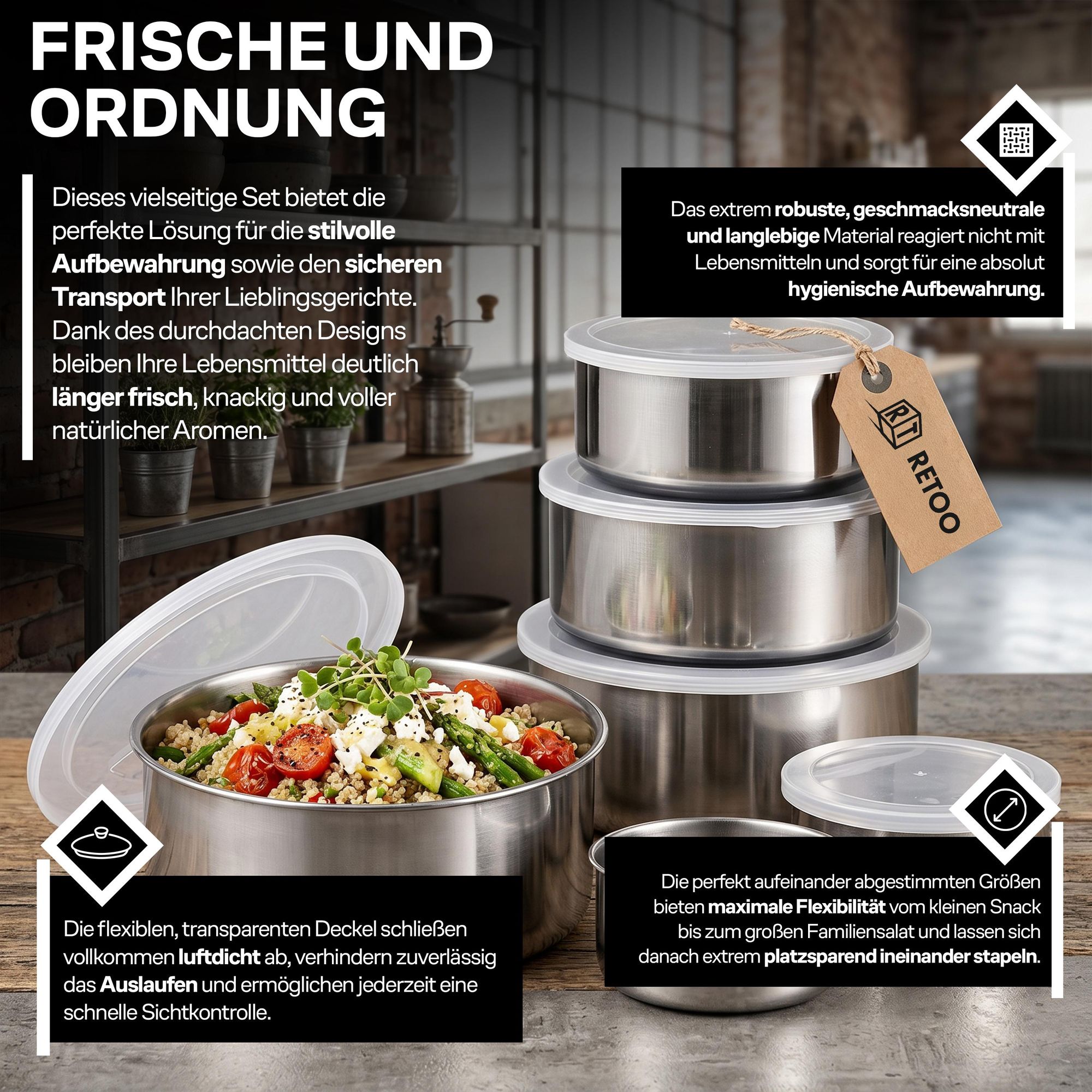 Lebensmittelbehälter mit Deckel 5-tlg Lunchbox Set aus Edelstahl Frühstückstasse Suppenschüssel Aufbewahrungsdosen Frischhaltedosen Silber Retoo