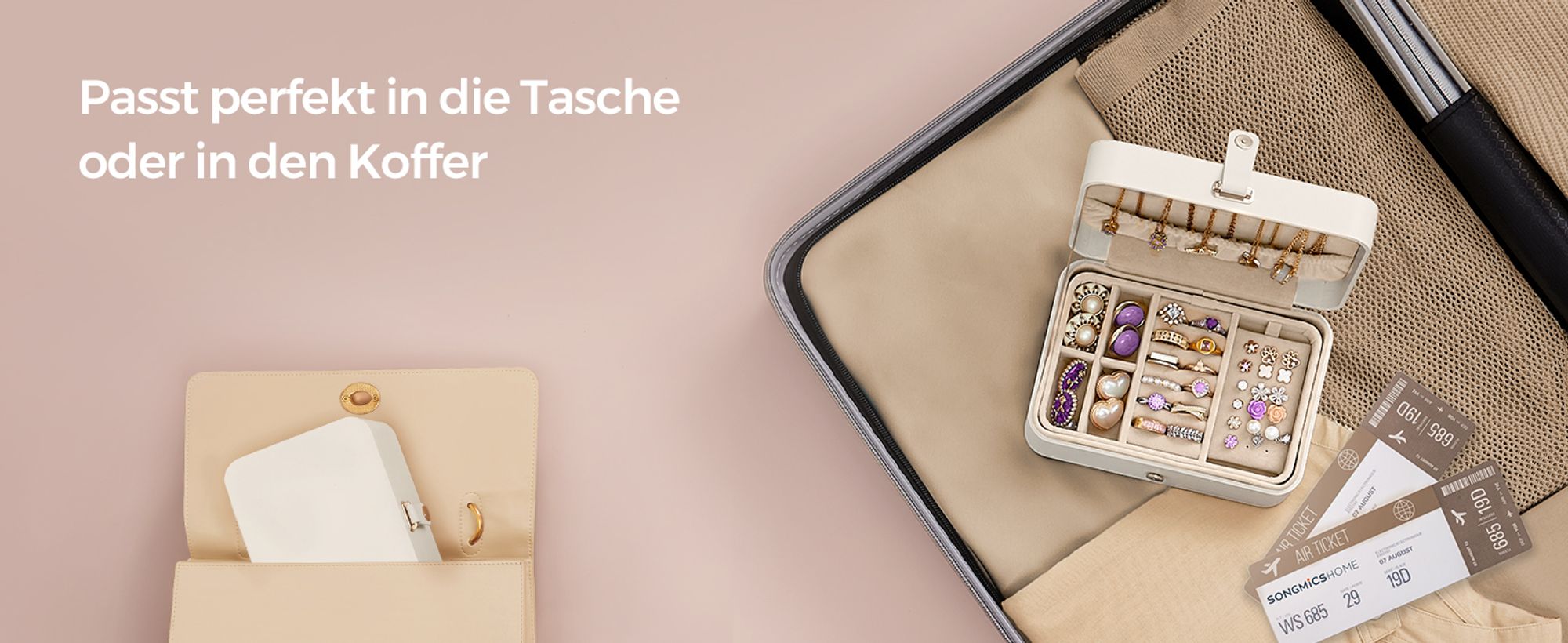 SONGMICS Schmuckkästchen Reise, Schmuckkasten klein, 2 Ebenen Schmuckaufbewahrung, tragbar, Schmuck-Reiseetui, für größere Accessoires