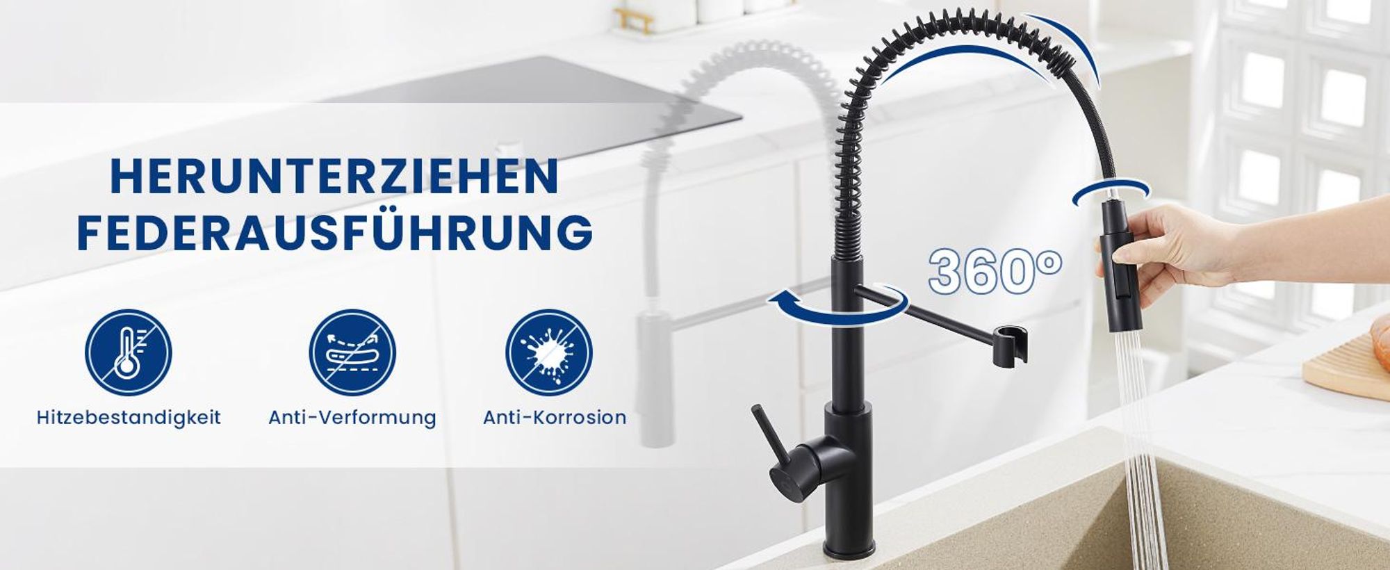 Wasserhahn Küche Spiralfederarmatur, 2 Strahlarten Spültischarmatur Schwarz, 360° Drehbar 304 Edelstahl Küchenarmatur Cecipa, Einhandmischer