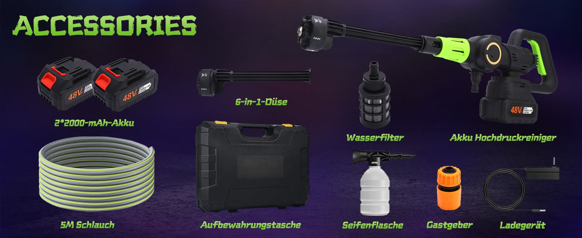 Hochdruckreiniger, kabelloser Hochdruckreiniger,Bürstenloser Motor,Max 120 bar,6-in-1-Düse und 5 m Schlauch, für Reinigung und Bewässerung (2 Akku)