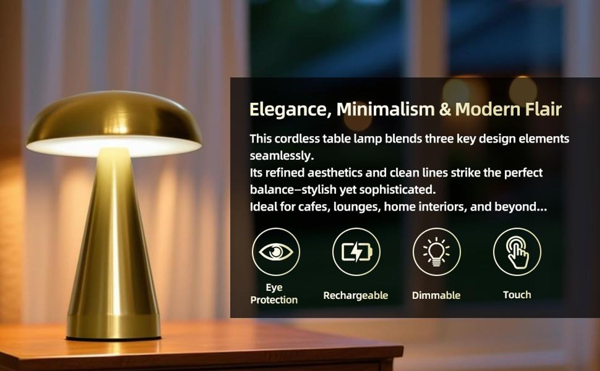 LED-Pilzlampe, tragbare Metall-Schreibtischlampe, USB-Aufladung Nachttischlampe, dreifarbiges Touch-Kabellos Dimmen, Augenschutz-Nachtlicht, Gold