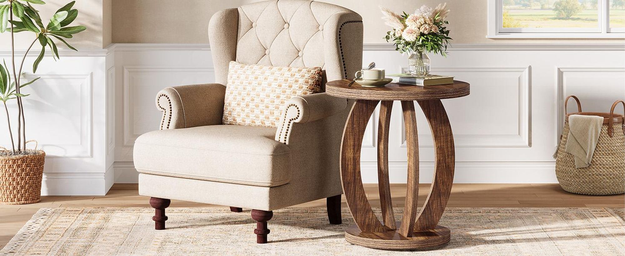 Tribesigns Runder Beistelltisch, Nachttisch fürs Schlafzimmer, Couchtisch im Landhausstil mit Holzgestell, Sofatisch aus Holz fürs Schlafzimmer