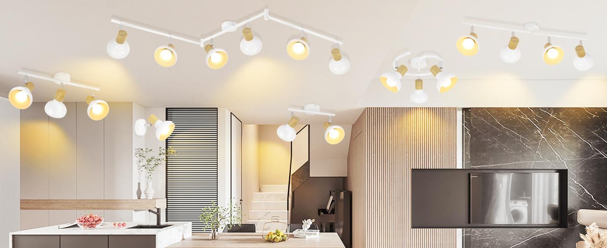 ZMH Spot de plafond pour couloir, lampe de plafond de style industriel à 6 ampoules, spots de plafond vintage d'intérieur, orientables à 350°, blanc, douille E14, sans ampoule