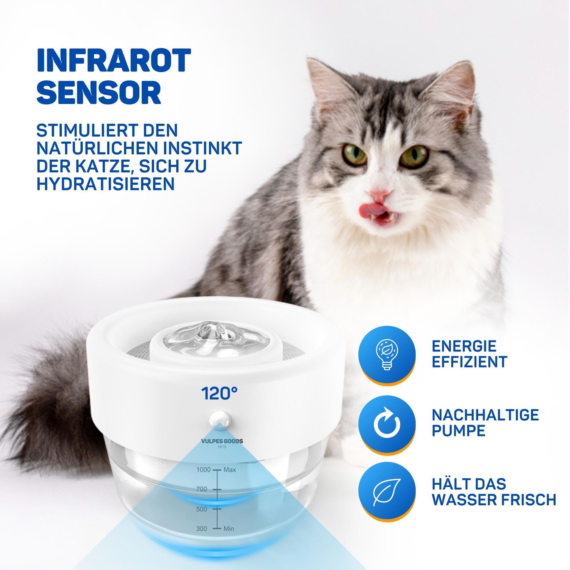 Vulpes Goods Drahtloser Trinkbrunnen für Katzen - 1L | Wiederaufladbar - Katzenbrunnen mit Batterie | 360° Katzen Wasserspender mit Bewegungsmelder