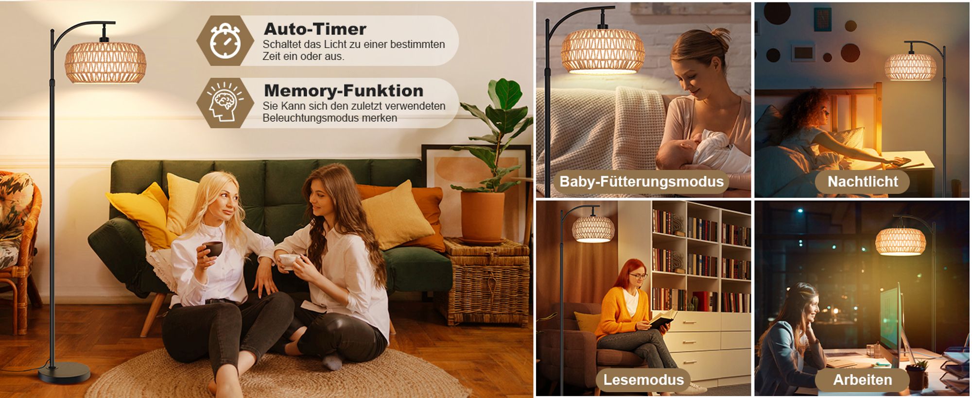 Stehlampe Wohnzimmer, Dimmbare Rattan Standleuchte mit 3 Farb,Fernbedienung und Fußschalter, App-Steuerung,12W E26 Bogenlampe,Standleuchte Leselampe