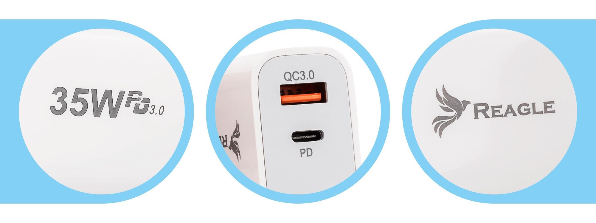 Schnelles Ladegerät 35W USB C PD 3.0 USB A QC 3.0 für iPhone 15 Pro Max Samsung Galaxy S24 S23 Ultra Xiaomi Oppo Huawei Netzteil Stecker Reagle Weiß