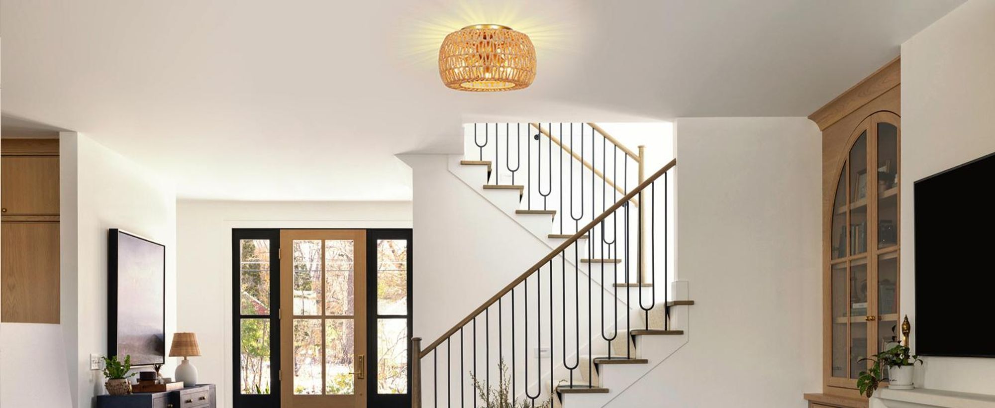 Deckenlampe Boho Vintage Deckenleuchte E27 3-Flammige Pendelleuchte mit Rattan Lampenschirm für Wohnzimmer, Schlafzimmer, Küche, Flur