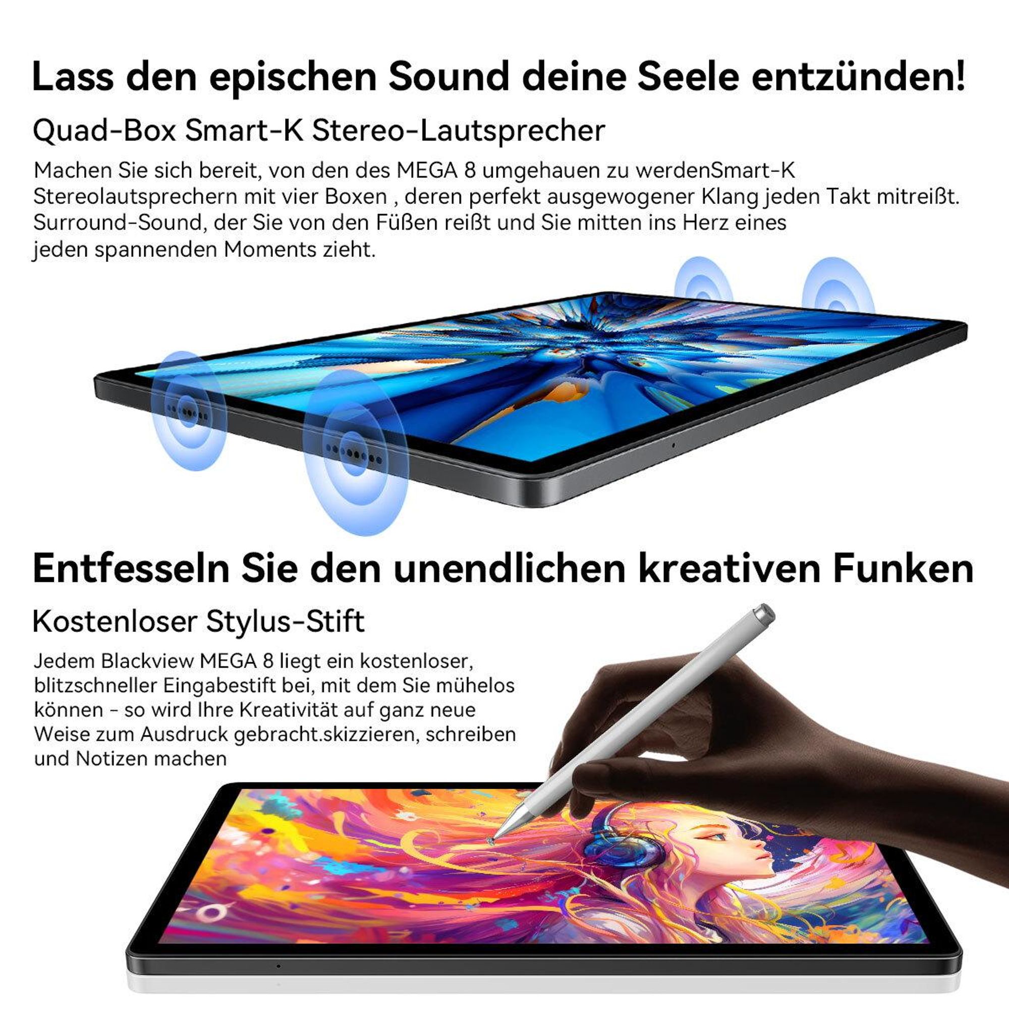 Blackview Mega8, 13 Zoll, Dual 4G LTE+5G WiFi, Android 16, mit 36GB(12+24) RAM+256GB ROM(2TB TF), 2K FHD Display, Octa Core T620, 11000mAh