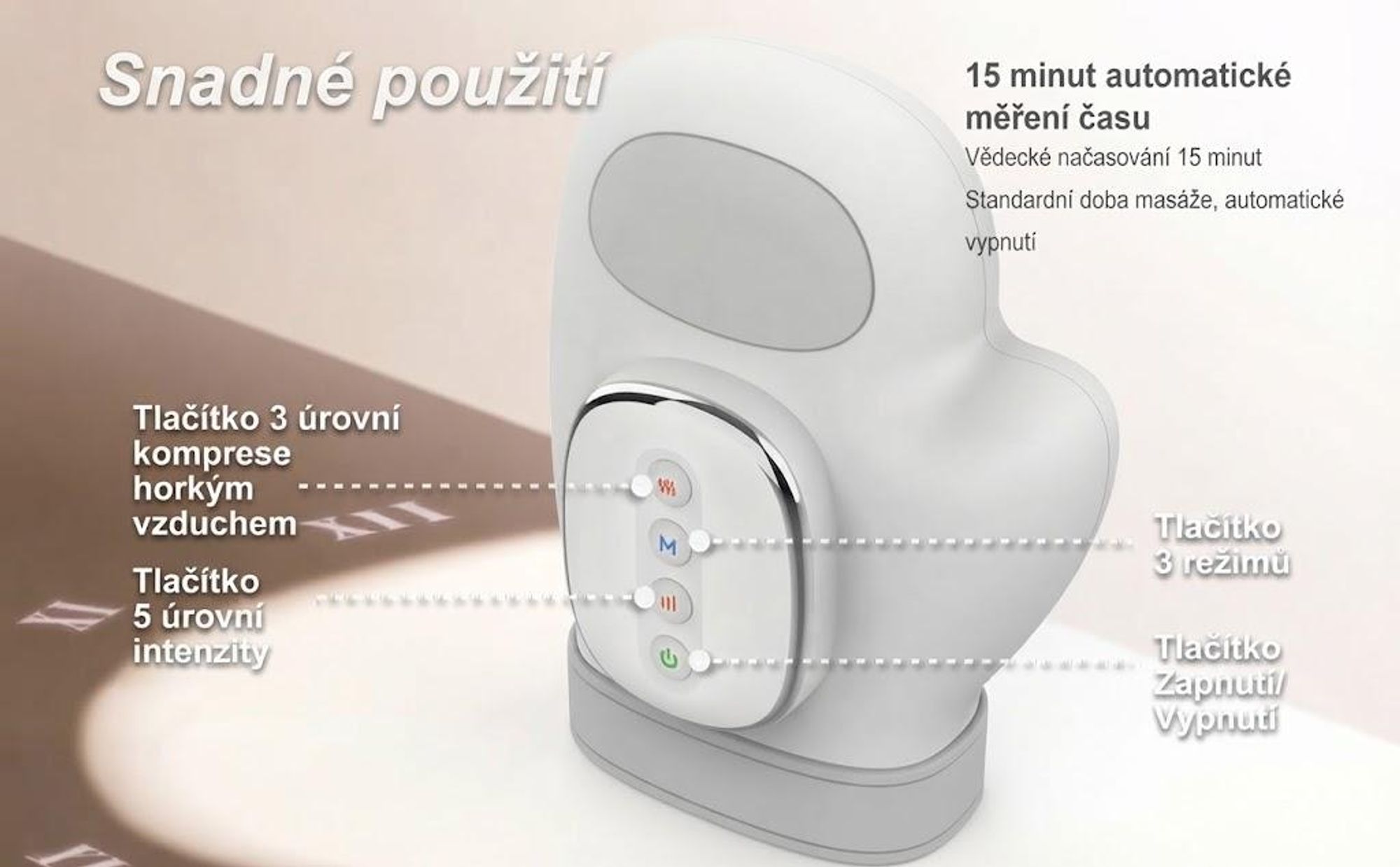 Inteligentní ruční masážní přístroj s funkcí tepla a komprese 3 masážní programy, 4 nastavení teploty, 5 kompresních vzorů Terapeutické