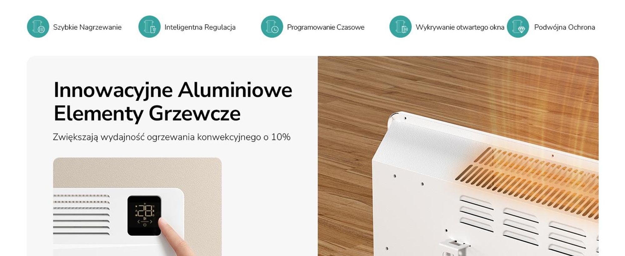 Grzejnik konwektorowy EMKE 2000 W z WiFi i aplikacją, energooszczędny grzejnik elektryczny, grzejnik ścienny i stojący z kółkami, timer 24/7, biały