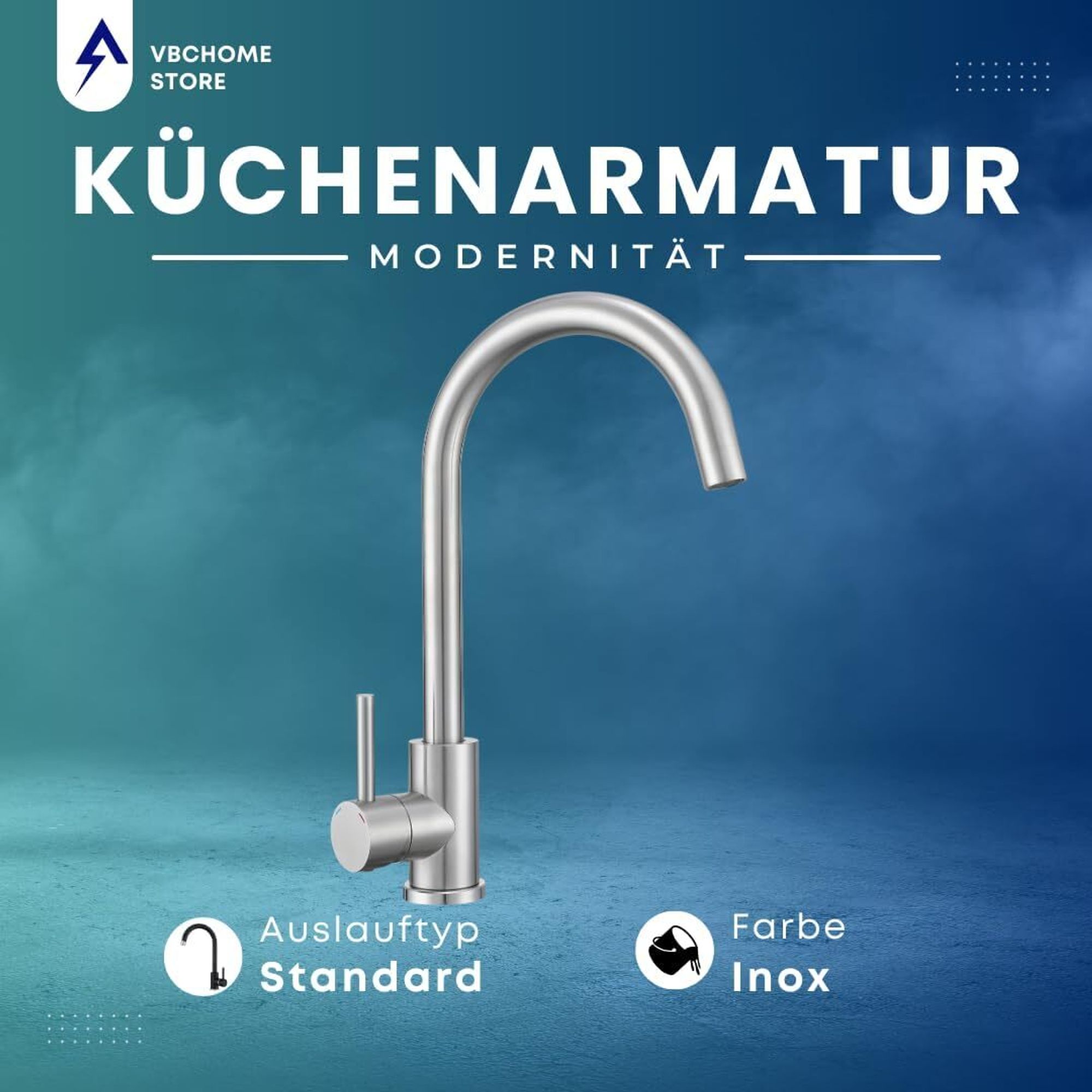 VBChome Küchenarmatur Gebürsteter Edelstahl Granitoptik 360° drehbar – Einhebel Armatur für Spüle, Wasserhahn modern für Spültisch