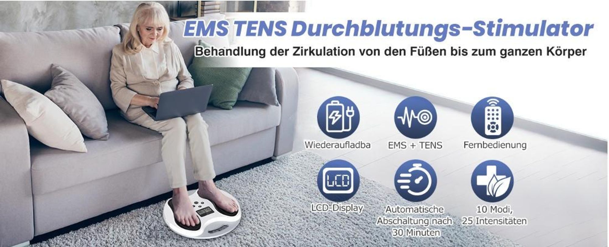 EMS Durchblutungsstimulator Fußmassagegerät | Reizstromgerät gegen Neuropathie & Schwellungen | Inkl. 4 TENS-Pads für Füße & Beine