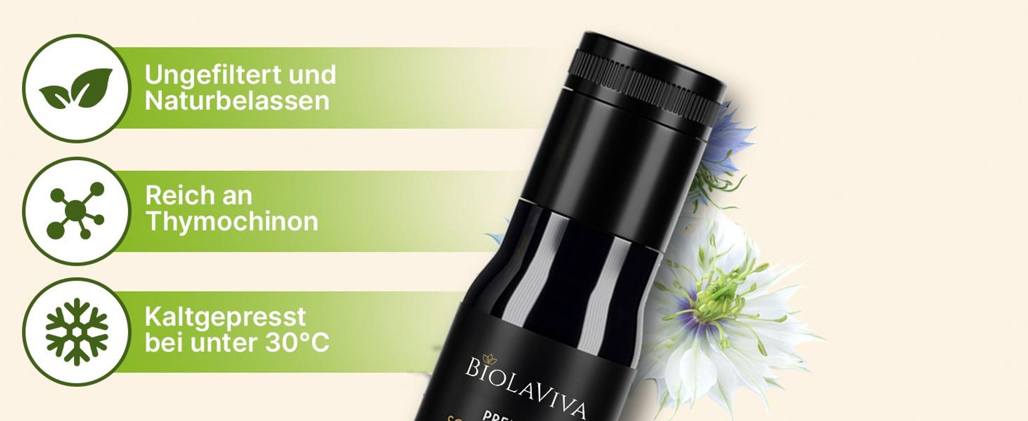 Schwarzkümmelöl ungefiltert 100ml – kaltgepresst – hoher Thymochinongehalt – labor & lichtgeschützt | BIOLAVIVA