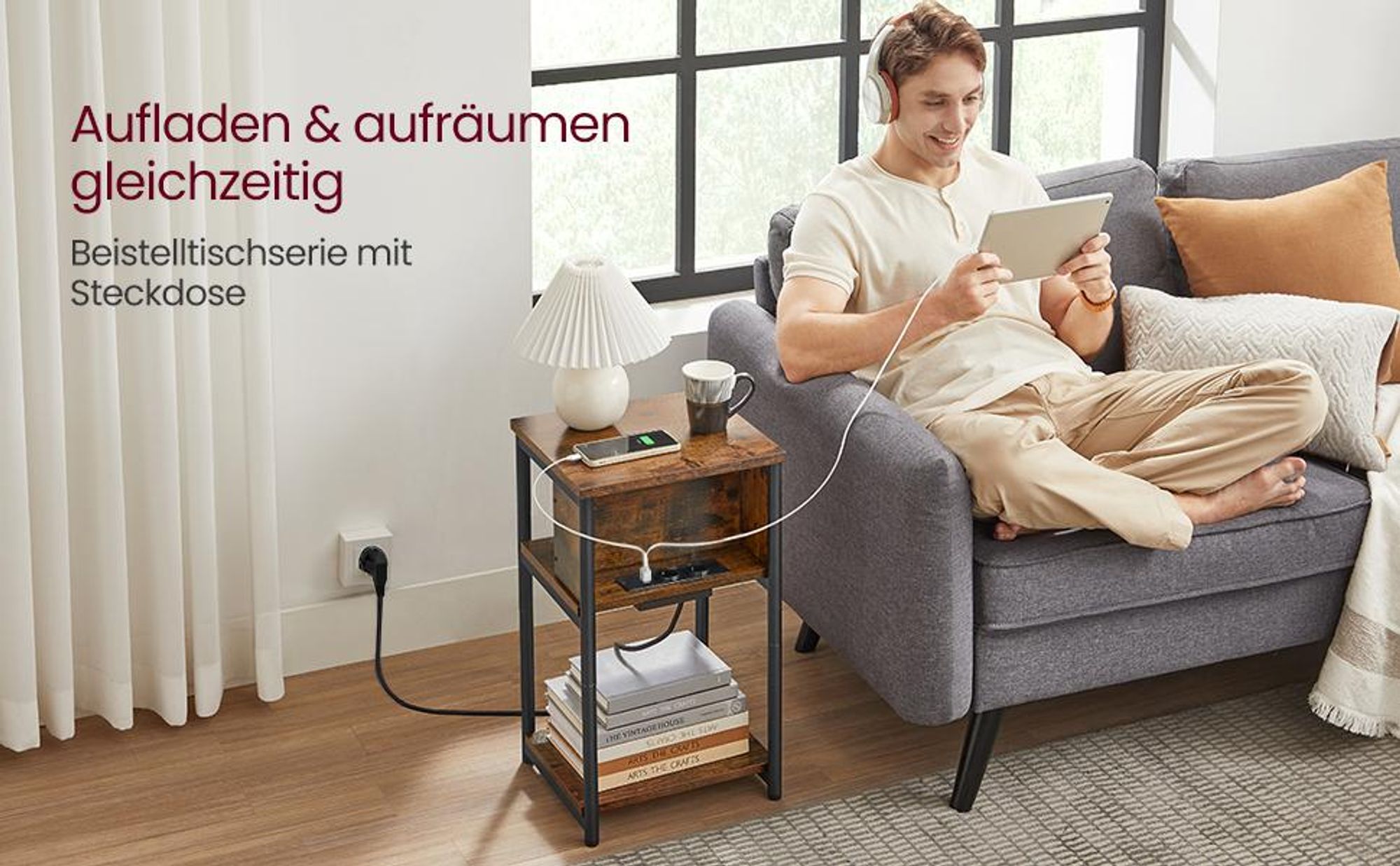 VASAGLE Beistelltisch, mit Steckdose, 2 AC-Anschlüsse, 2 USB-Anschlüssen