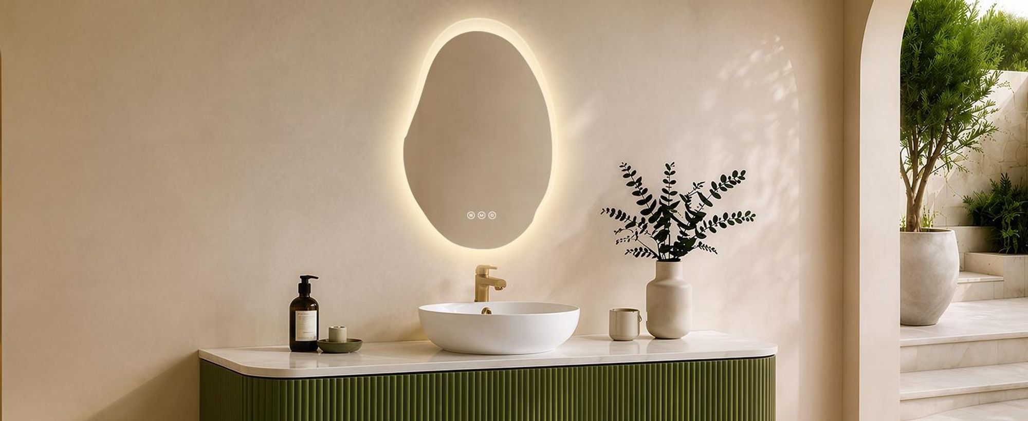 S'AFIELINA Specchio Bagno LED 48 × 72 cm, Asimmetrico, Touch, Senza Cornice,3 colori di luce, dimmerabile, antiappannamento e memoria