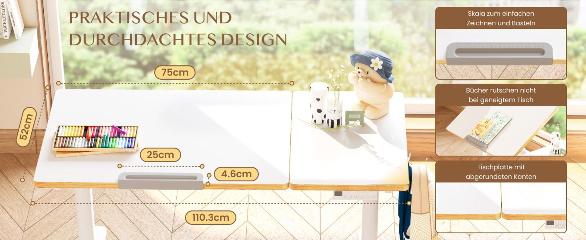 FLEXISPOT Kinderschreibtisch, Elektrisch höhenverstellbar mit neigbarer Tischplatte, LED-Höhenanzeige, 3 Speicherplätzen & Kindersicherung, 110×52 cm