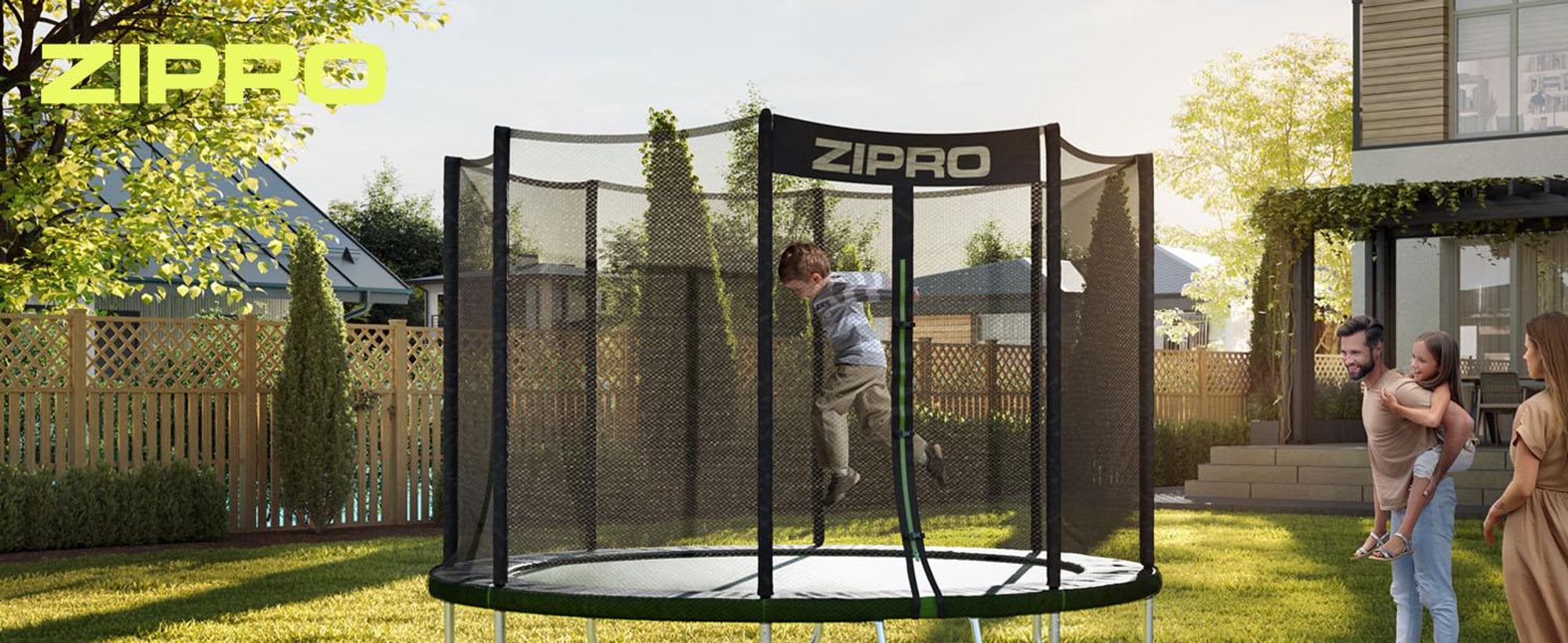 ZIPRO Trampolin Jump Pro Out | 8FT Ø 252 cm | Gartentrampolin Kindertrampolin Komplett-Set inkl. Außennetz, Leiter & Randabdeckung, Outdoor, Grün