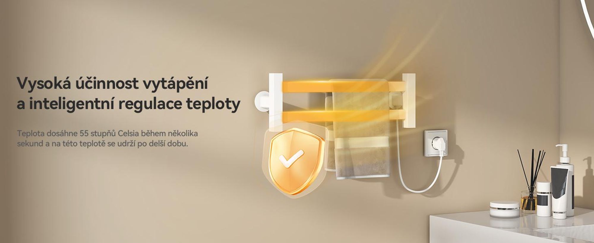 Elektrický topný žebřík Puluomis, vyhřívaná věšák na ručníky s jednokomorovým spínačem, konstantní teplota 55°C, vodotěsnost IPX4, bílý, rozměry 48,5 x 16,5 cm