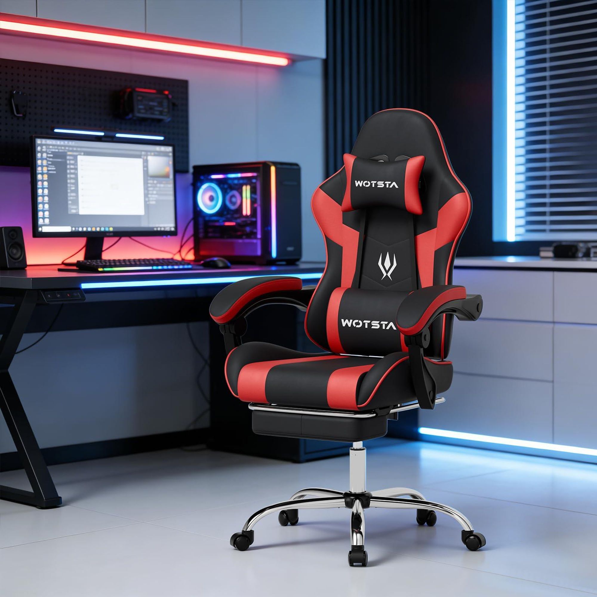 Schwarz‑roter Gaming‑Stuhl mit Fußstütze, Kunstleder