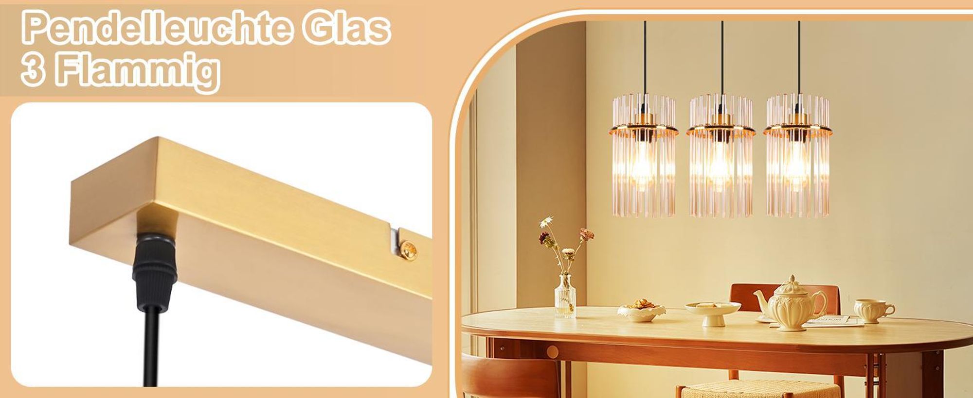 ZMH Pendelleuchte Esstisch Hängelampe 3 Flammig - Hängeleuchte Gold E27 Vintage Esszimmerlampe Hängend aus Glasschirm Ø 16 für Küche Cafe Bar Wohnzimmer (ohne Leuchtmittel)