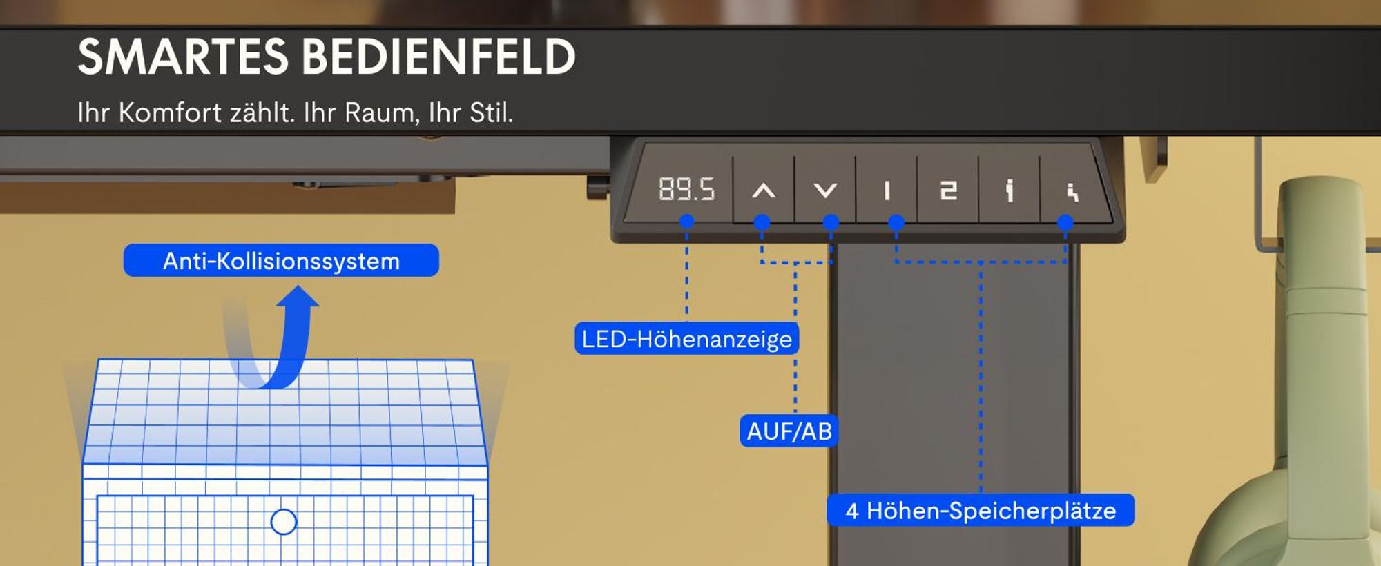 FLEXISPOT EN1 Höhenverstellbarer Schreibtisch 100x60cm elektrisch mit einteiliger Tischplatte, Kabelmanagement und Haken, 4 Memory-Funktion (Schwarz)