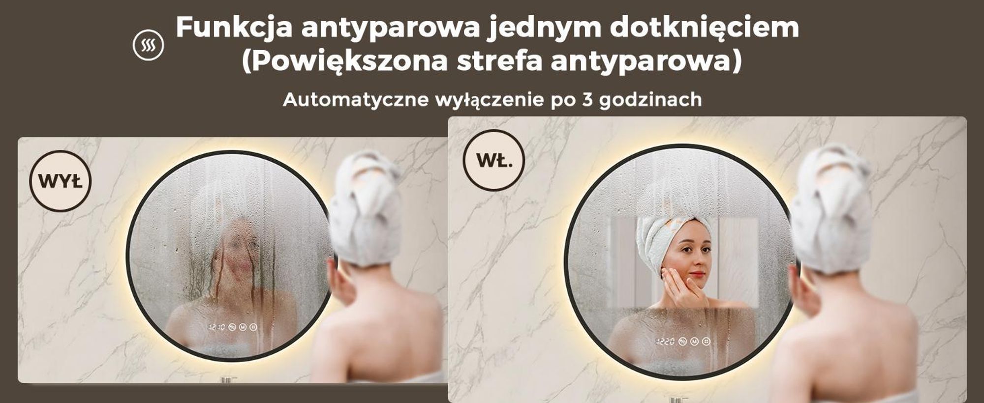 S'AFIELINA Lustro Łazienkowe LED 80 cm, Okrągłe, Czarna Rama, 3 Barwy Światła, Regulacja Jasności, Antypara, Zegar, Wyświetlacz Temperatury